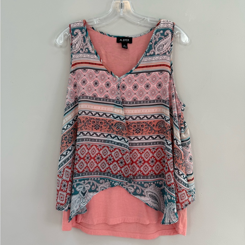 A.Beyer Women’s Sheer Printed Shell, Salmon Colored Cotton Underlay Tank-Size XL